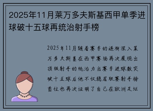 2025年11月莱万多夫斯基西甲单季进球破十五球再统治射手榜